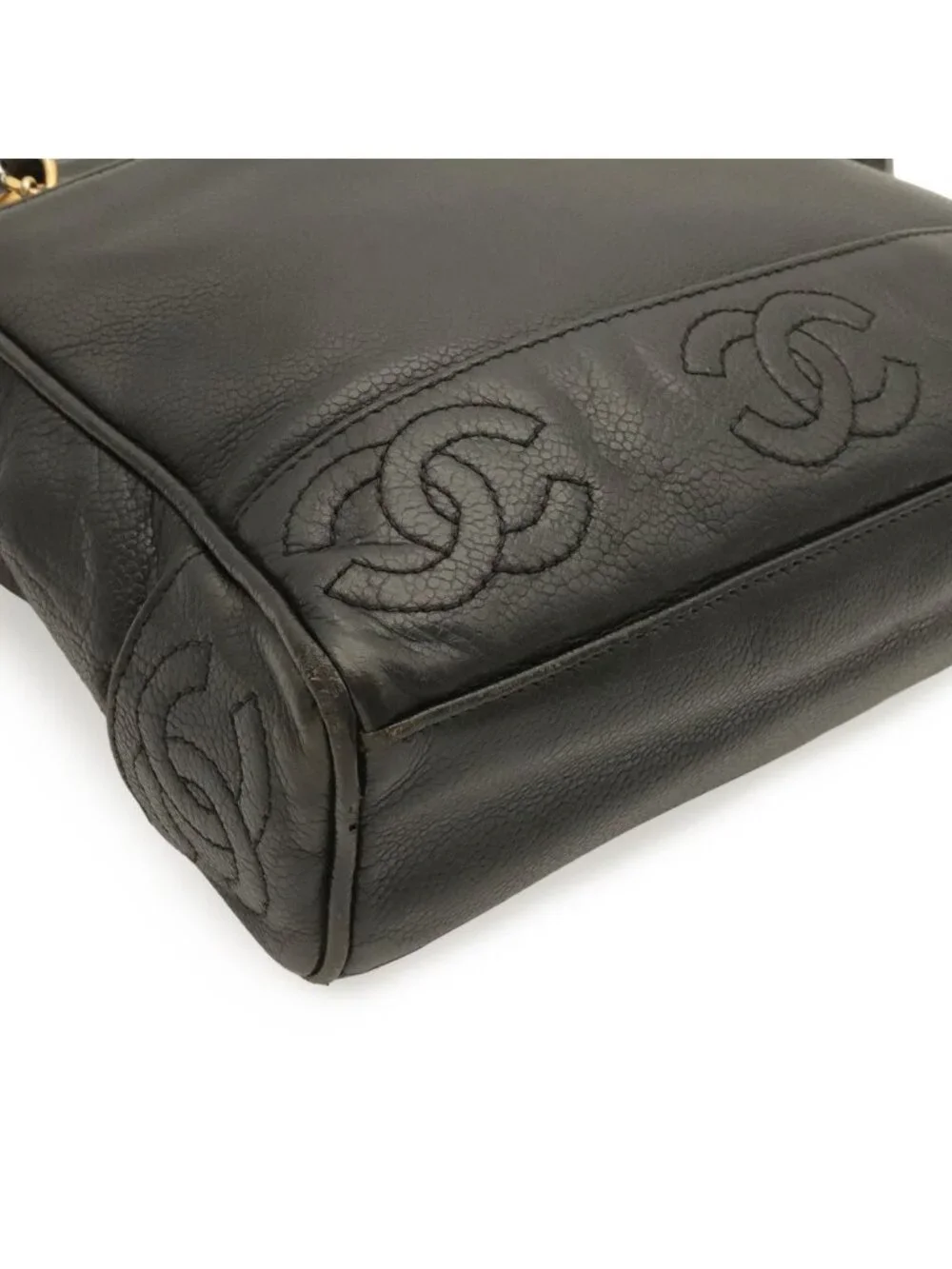 Chanel Triple CC Logo Tote Chain Shoulder Bag Caviar Leather Black Gold
